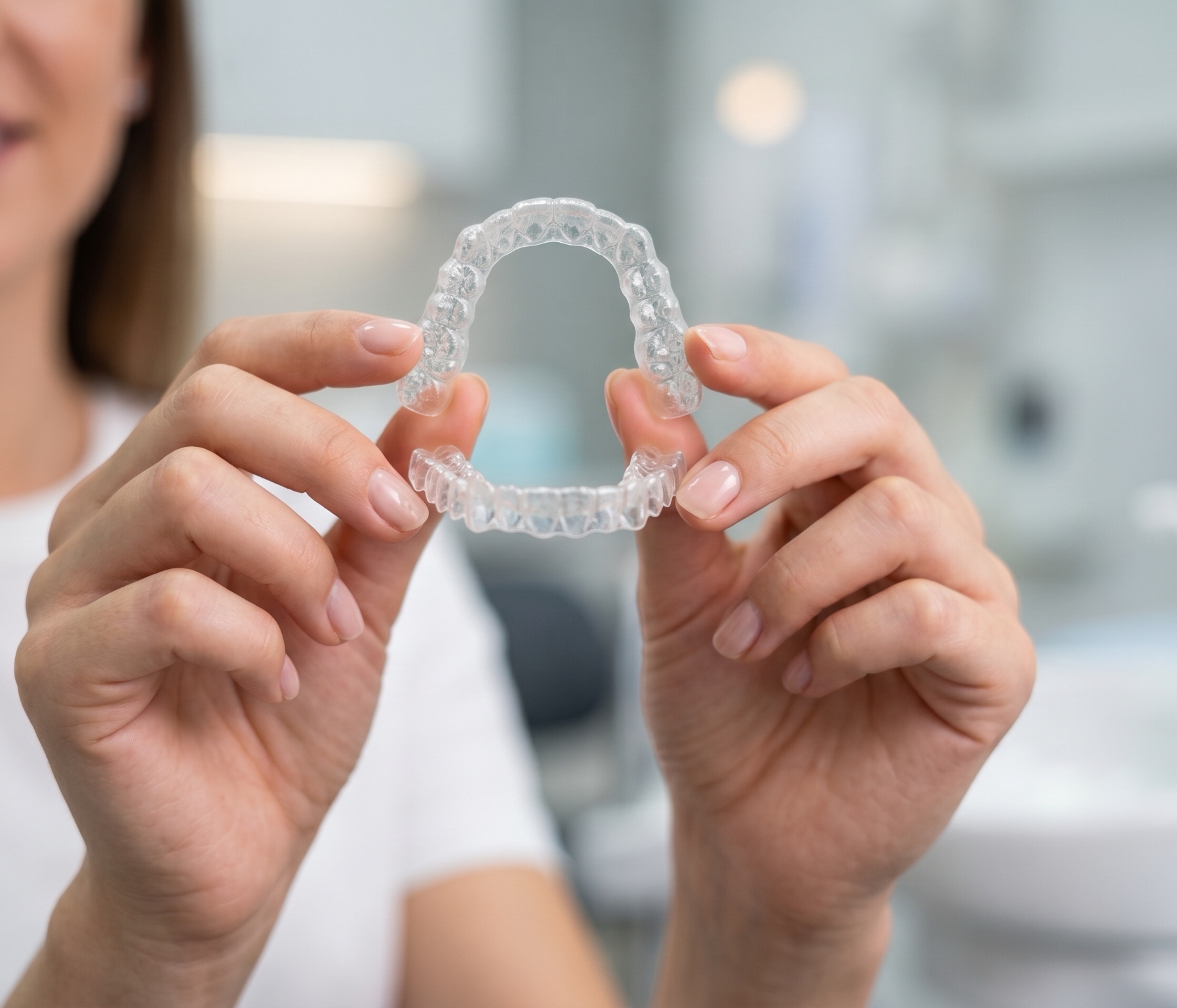 Patient holding a clear Invisalign aligner tray