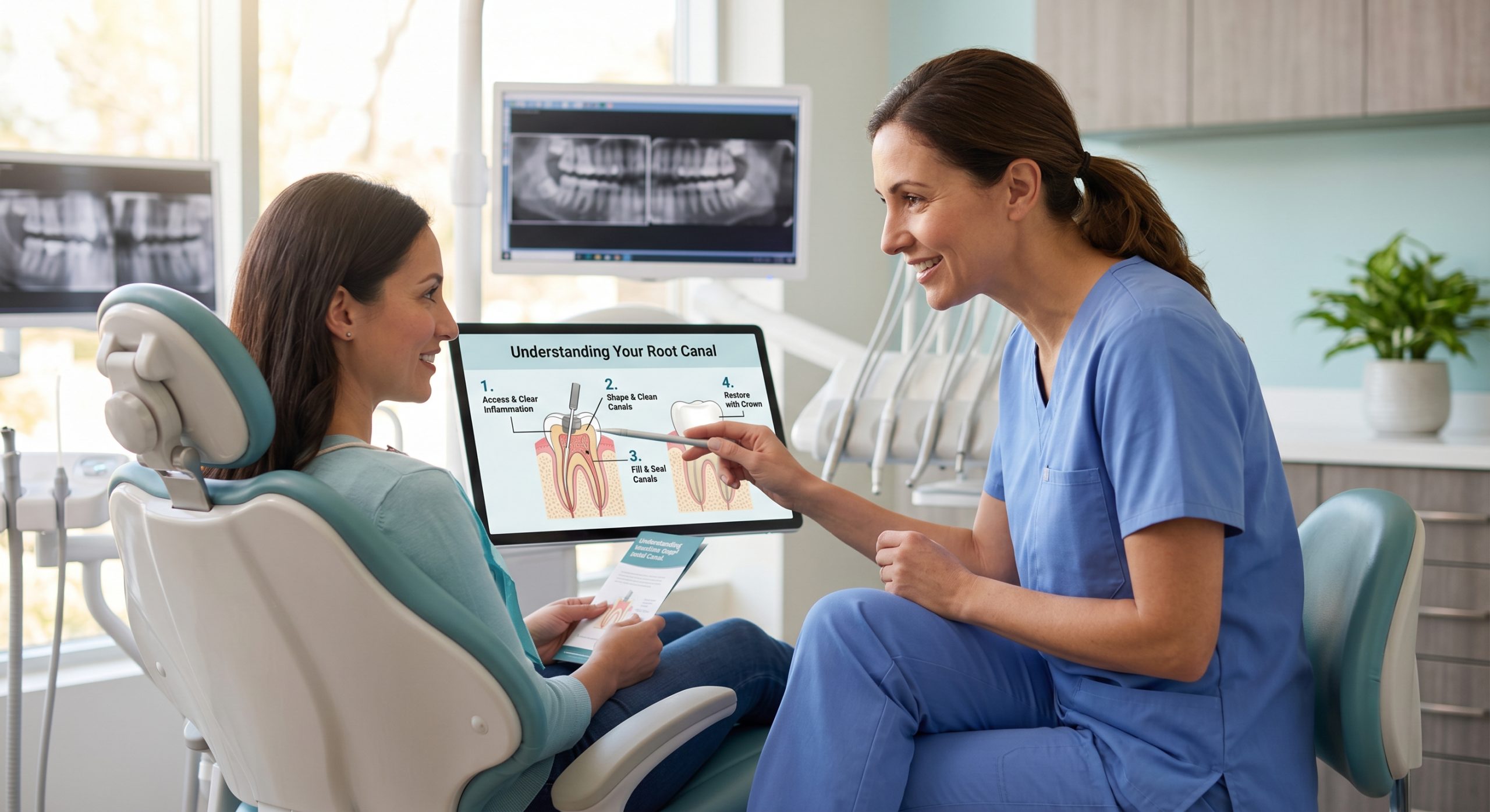 Dentist explaining root canal treatment steps to a patient with a clear diagram
