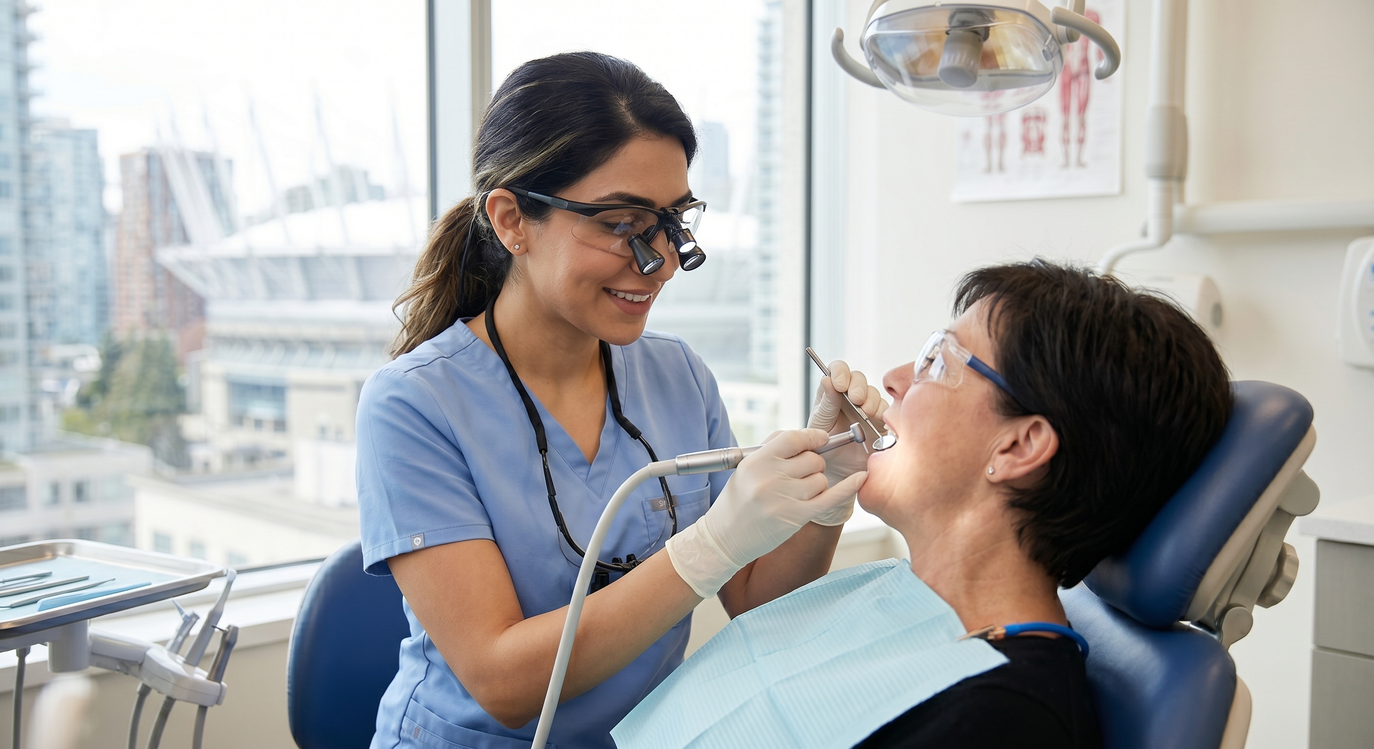 Dentist finding the hidden source of bad breath during a routine dental exam