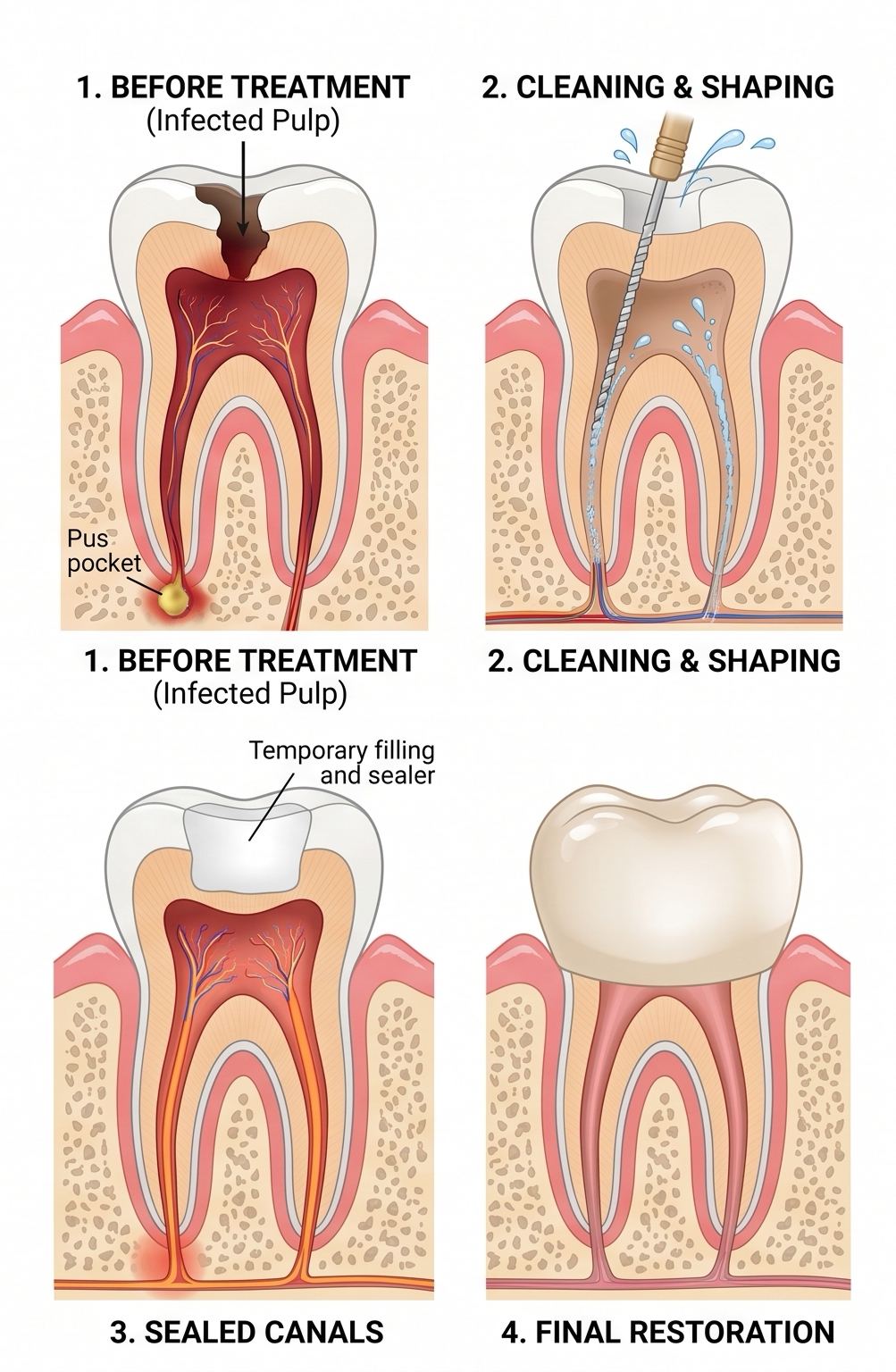 Step-by-step root canal procedure illustration showing infected pulp, cleaning, sealing, and crown restoration