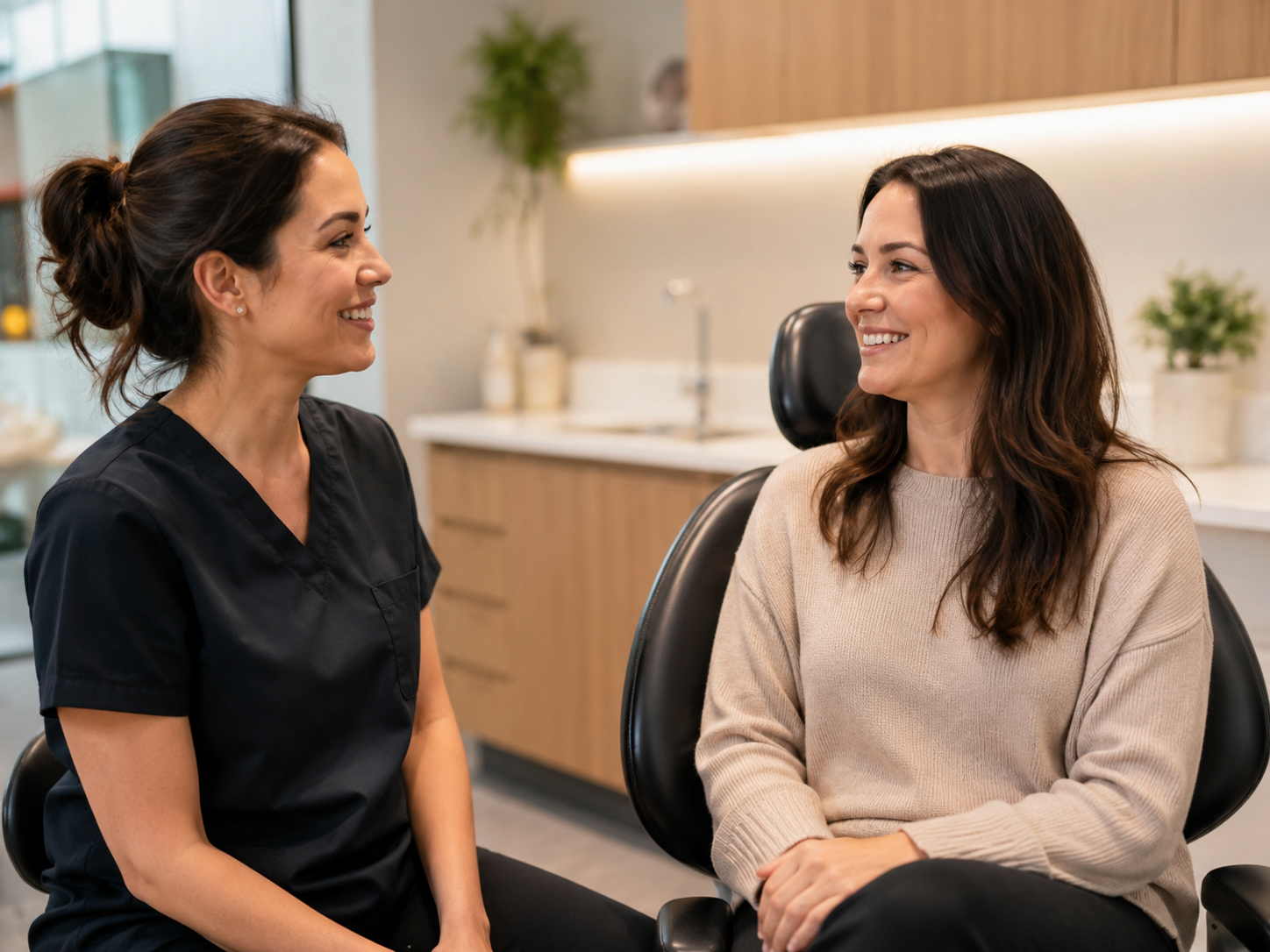 Dentist having a friendly conversation with a nervous adult patient before their first dental visit in Vancouver